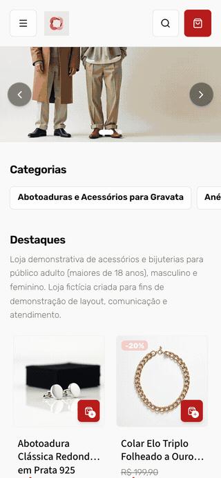 Vitrine demo no celular — rolagem pela home da loja
